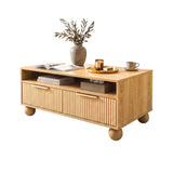Artiss Coffee Table 90cm Center Table Fluted Drawers Open Shelf Spherical Solid Legs Wood - Front View