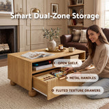 Artiss Coffee Table 90cm Center Table Fluted Drawers Open Shelf Spherical Solid Legs Wood - Rear View