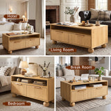 Artiss Coffee Table 90cm Center Table Fluted Drawers Open Shelf Spherical Solid Legs Wood - Low Angle