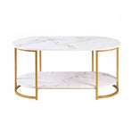 Artiss Coffee Table 2 Tier Oval Marble Finish Storage Shelf Metal Frame Center Table Living Room 100x50x45cm White & Gold