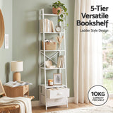 Artiss 5 Tier Bookshelf Ladder Bookcase with Fabric Drawers Display Rack White - 45-Degree Angle