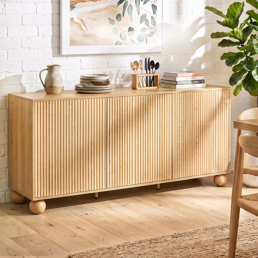Artiss Buffet Sideboard Cabinet 2-Tier Fluted Kitchen Storage Ball Legs Pine