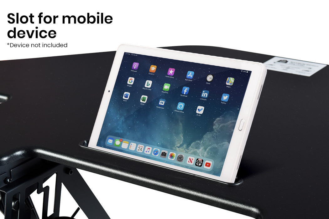 FORTIA Corner Desk Riser 110cm Wide Adjustable Sit to Stand for Dual Monitor, Keyboard, Laptop, Black