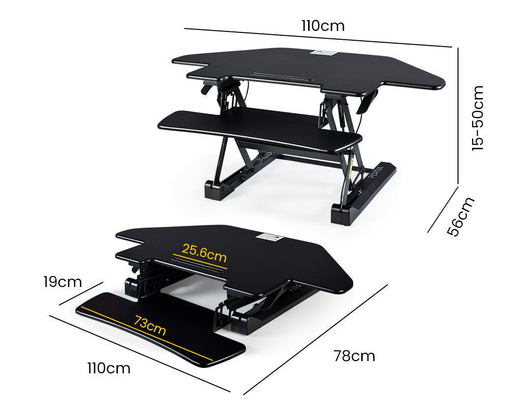FORTIA Corner Desk Riser 110cm Wide Adjustable Sit to Stand for Dual Monitor, Keyboard, Laptop, Black