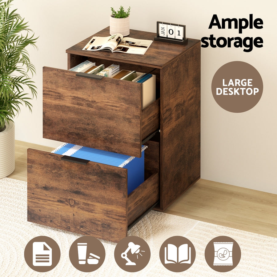 Artiss Filing Cabinet Files Storage Office Shelves File Organiser Rustic Brown 2 Drawer