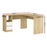 Artiss Computer Desk Drawer Cabinet L-Shape Oak 136CM - Front View