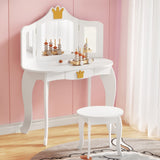 Keezi Kids Dressing Table Vanity Makeup Chair Set Wooden 3 Mirror Drawer White - Close-Up Angle
