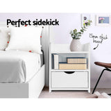 Artiss 2X Bedside Table 1 Drawer with Shelf - FARA White - Side View