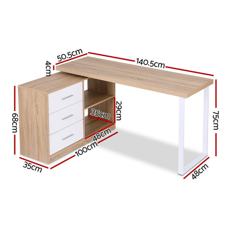 Artiss Computer Desk Swivelling L shape Home Office Storage Cabinet Oak, Storage