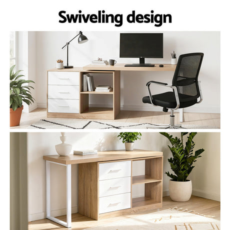 Artiss Computer Desk Swivelling L shape Home Office Storage Cabinet Oak, image 5