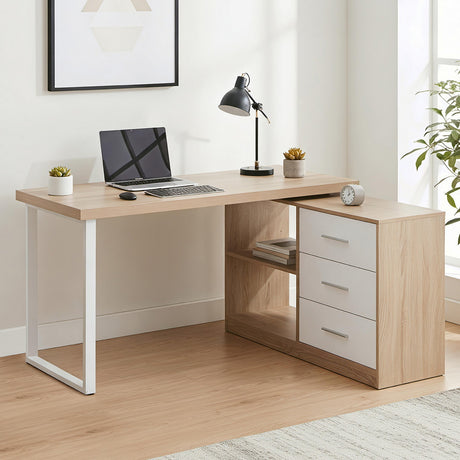 Artiss Computer Desk Swivelling L shape Home Office Storage Cabinet Oak, image 7