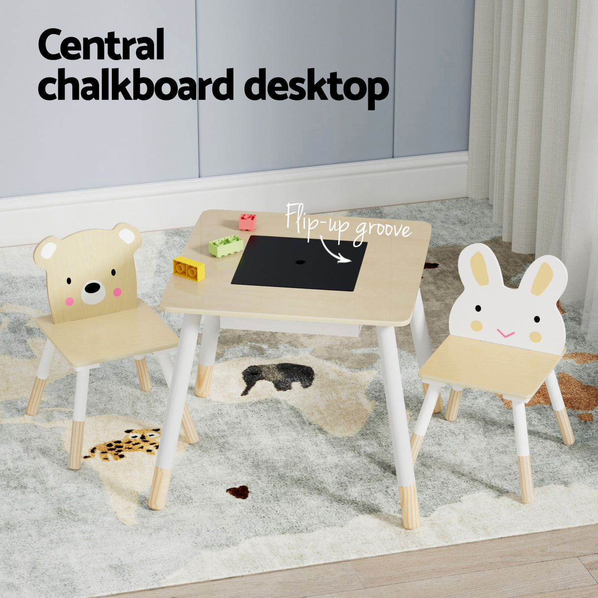 Keezi 3-Piece Creative Kids Table and Chair Set with Chalkboard and Hidden Storage