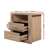 Artiss 2X Bedside Table 2 Drawers with Shelf - TARA Oak - Side View