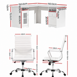 Artiss Office Desk and Chair Set L Shape Computer Desk 150cm with Storage Cabinet & Drawers, Ergonomic PU Leather Office Chair, White Home Office Furniture - Front View