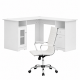 Artiss Office Desk and Chair Set L Shape Computer Desk 150cm with Storage Cabinet & Drawers, Ergonomic PU Leather Office Chair, White Home Office Furniture