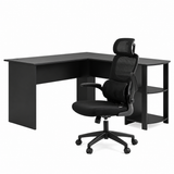 Artiss Office Desk and Chair Set L Shaped Computer Desk 136cm with 2 Tier Storage Shelves, Ergonomic Mesh Office Chair with Adjustable Headrest, Flip-Up Armrests & Lumbar Support