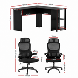 Artiss Office Desk and Chair Set L Shaped Computer Desk 136cm with 2 Tier Storage Shelves, Ergonomic Mesh Office Chair with Adjustable Headrest, Flip-Up Armrests & Lumbar Support - Front View