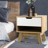 Modern Two-Tone Wooden Nightstand with Drawer and Shelf Storage - Low Angle