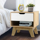 Modern Two-Tone Wooden Nightstand with Drawer and Shelf Storage - Close-Up Angle