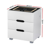 Artiss Smart Bedside Table 3 Drawers with Wireless Charging Ports LED White ADAD - Front View