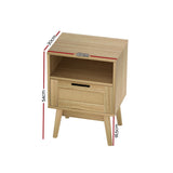 Artiss Rattan Bedside Table 1 Drawer with Shelf - REI Oak - Front View