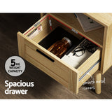 Artiss Rattan Bedside Table 1 Drawer with Shelf - REI Oak - 45-Degree Angle