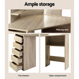 Artiss Dressing Table Stool Set Corner 5 Drawers Oak - Close-Up Angle