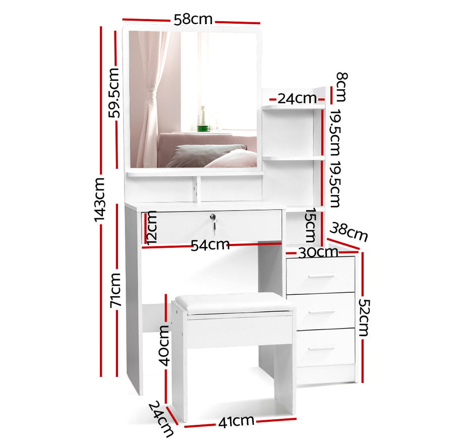 Artiss Dressing Table Stool Set 4 Drawers White, image 4