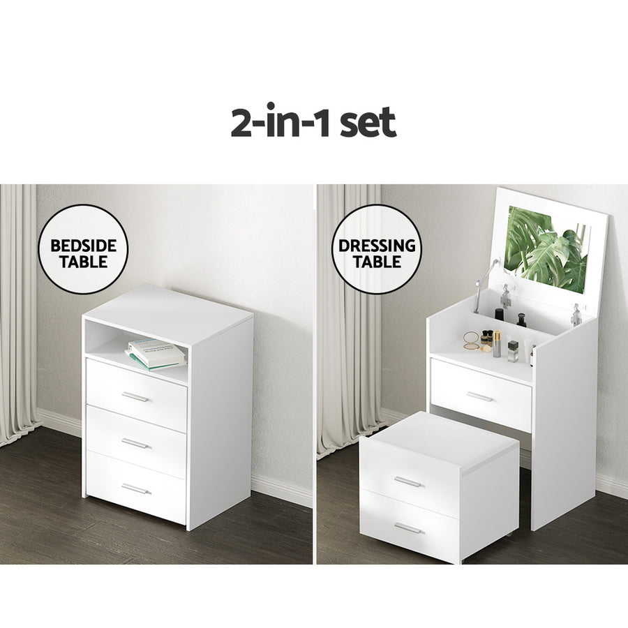 Artiss 2-in-1 Dressing Table Stool Set Bedside Table White, image 6