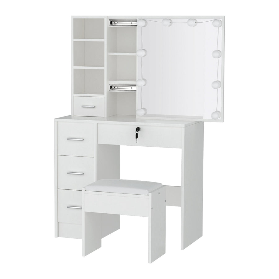 Artiss Dylan Hollywood dressing table with stool and 10 LED bulb mirror, white, padded PU leather stool