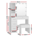 Artiss Dylan Hollywood dressing table with stool and 10 LED bulb mirror, white, five storage drawers