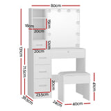 Artiss Dressing Table Set Stool 10 Led Bulbs White Dylan - Side View