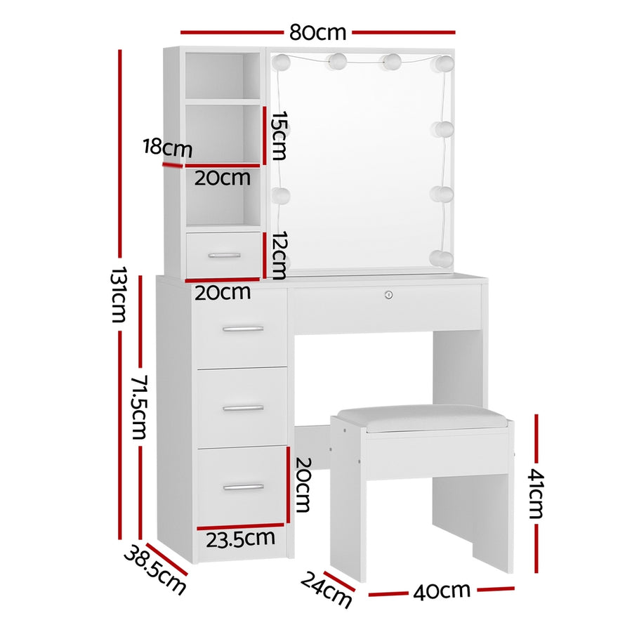 Artiss Dylan Hollywood dressing table with stool and 10 LED bulb mirror, white, five storage drawers