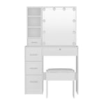Artiss Dylan Hollywood dressing table with stool and 10 LED bulb mirror, white, open display shelves