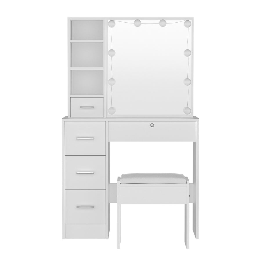Artiss Dylan Hollywood dressing table with stool and 10 LED bulb mirror, white, open display shelves