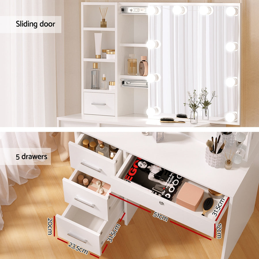 Artiss Dylan Hollywood dressing table with stool and 10 LED bulb mirror, white, image 7