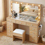 Artiss dressing table vanity desk with LED bulb mirror, 11 drawers and stool, wood finish