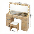 Artiss dressing table vanity desk with LED bulb mirror, 11 drawers and stool, wood finish, 11 storage drawers