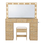 Artiss dressing table vanity desk with LED bulb mirror, 11 drawers and stool, wood finish, built-in charging station