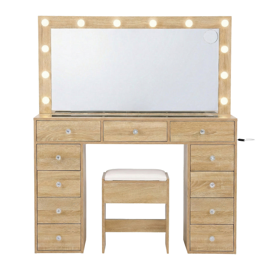 Artiss dressing table vanity desk with LED bulb mirror, 11 drawers and stool, wood finish, built-in charging station