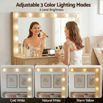 Artiss dressing table vanity desk with LED bulb mirror, 11 drawers and stool, wood finish, hairdryer holder