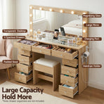 Artiss dressing table vanity desk with LED bulb mirror, 11 drawers and stool, wood finish, foam padded stool
