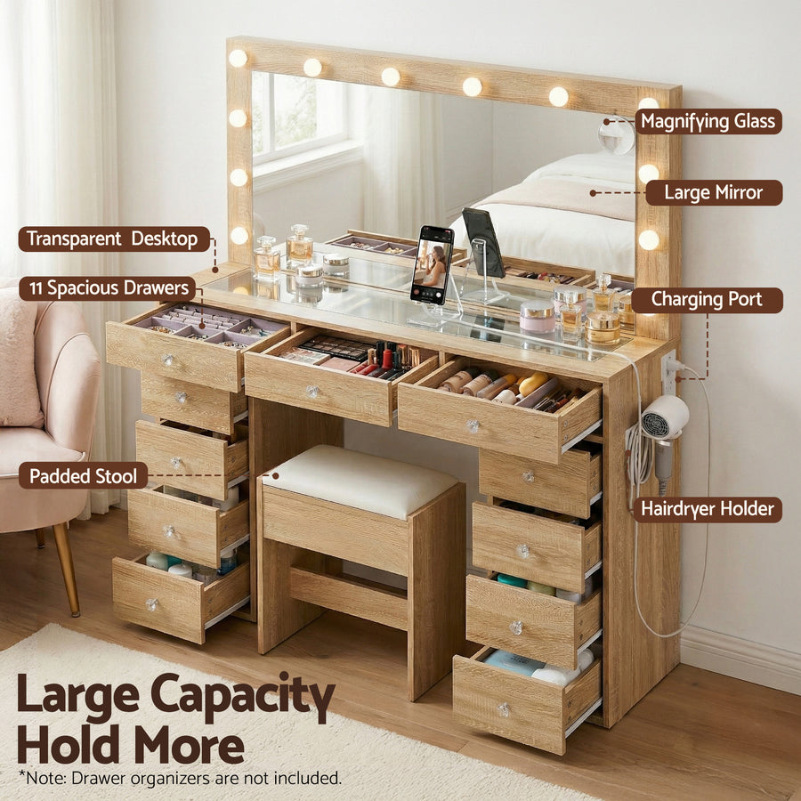 Artiss dressing table vanity desk with LED bulb mirror, 11 drawers and stool, wood finish, foam padded stool