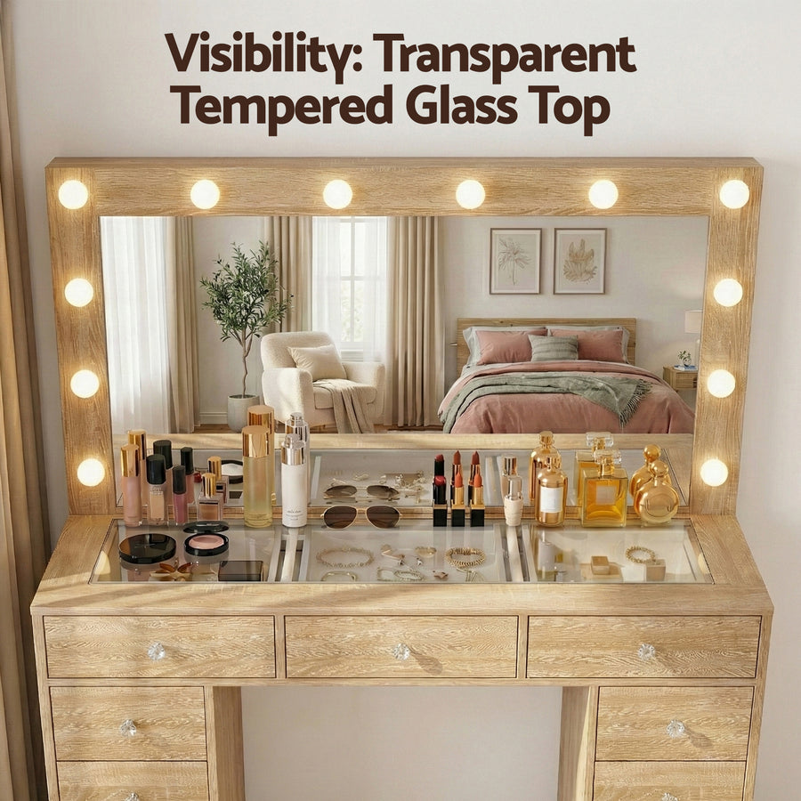 Artiss dressing table vanity desk with LED bulb mirror, 11 drawers and stool, wood finish, tempered glass desktop