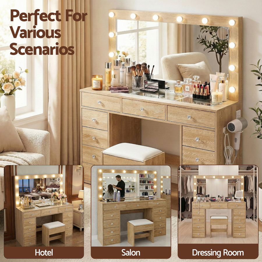 Artiss dressing table vanity desk with LED bulb mirror, 11 drawers and stool, wood finish, image 9