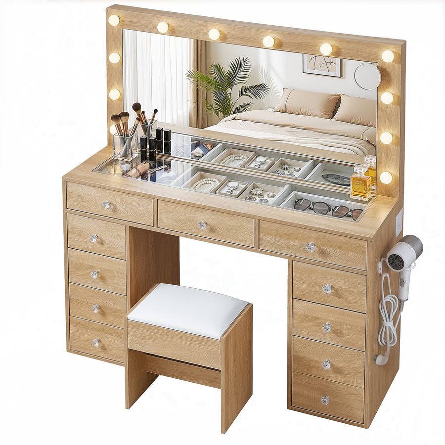Artiss dressing table vanity desk with LED bulb mirror, 11 drawers and stool, wood finish, image 10