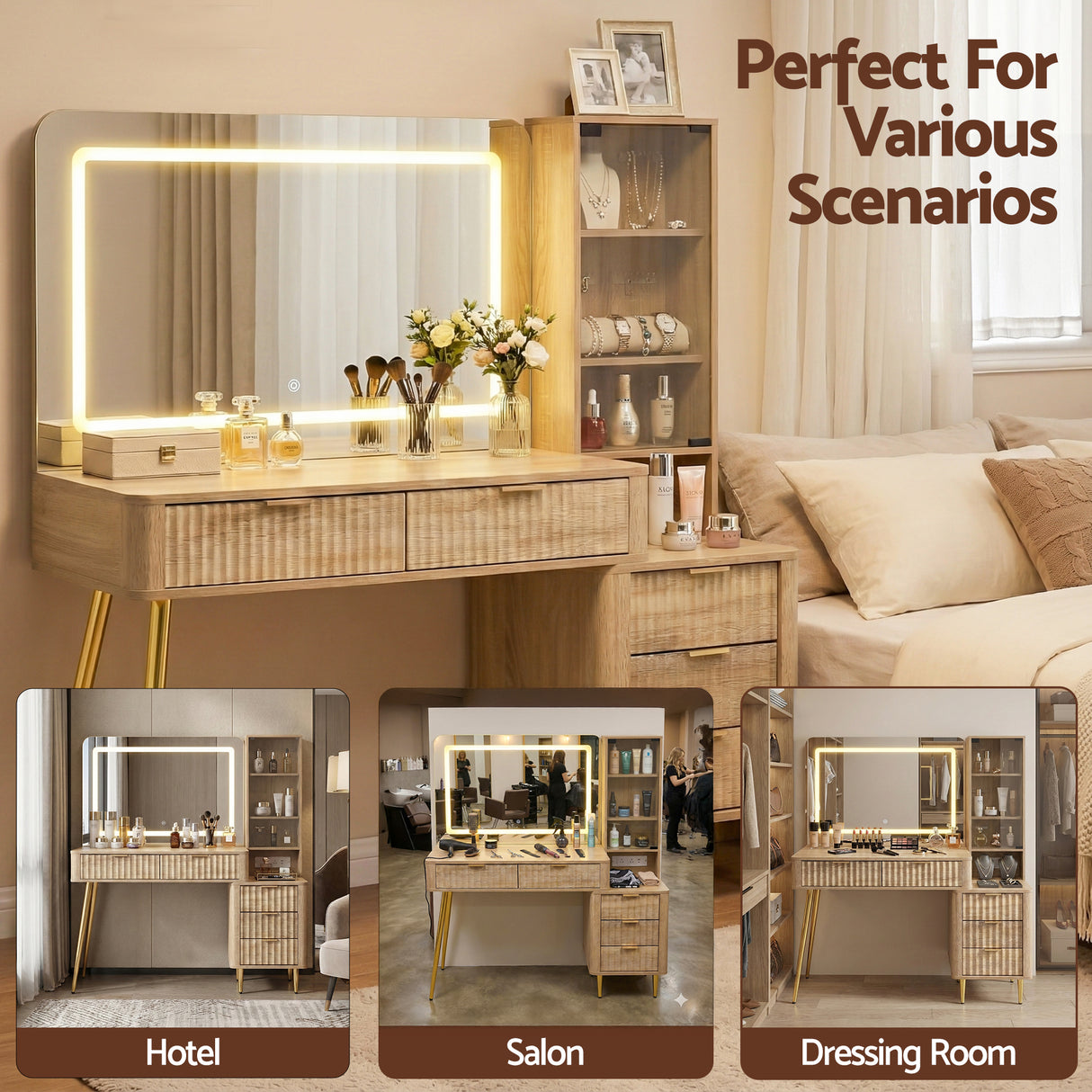Artiss Dressing Table LED Vanity Desk Charging Station Wood