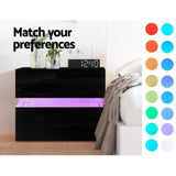 Artiss Bedside Table LED 2 Drawers - LUMI Black - Rear View