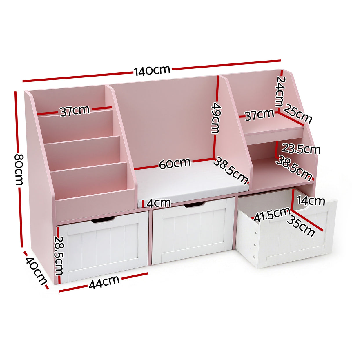 Keezi Kids Bookshelf Storage Organiser Toy Box Drawer Bench Seat Cabinet Pink