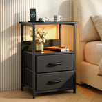 Artiss Bedside Table LED Nightstand Charging Station 2 Drawers Foldable Black